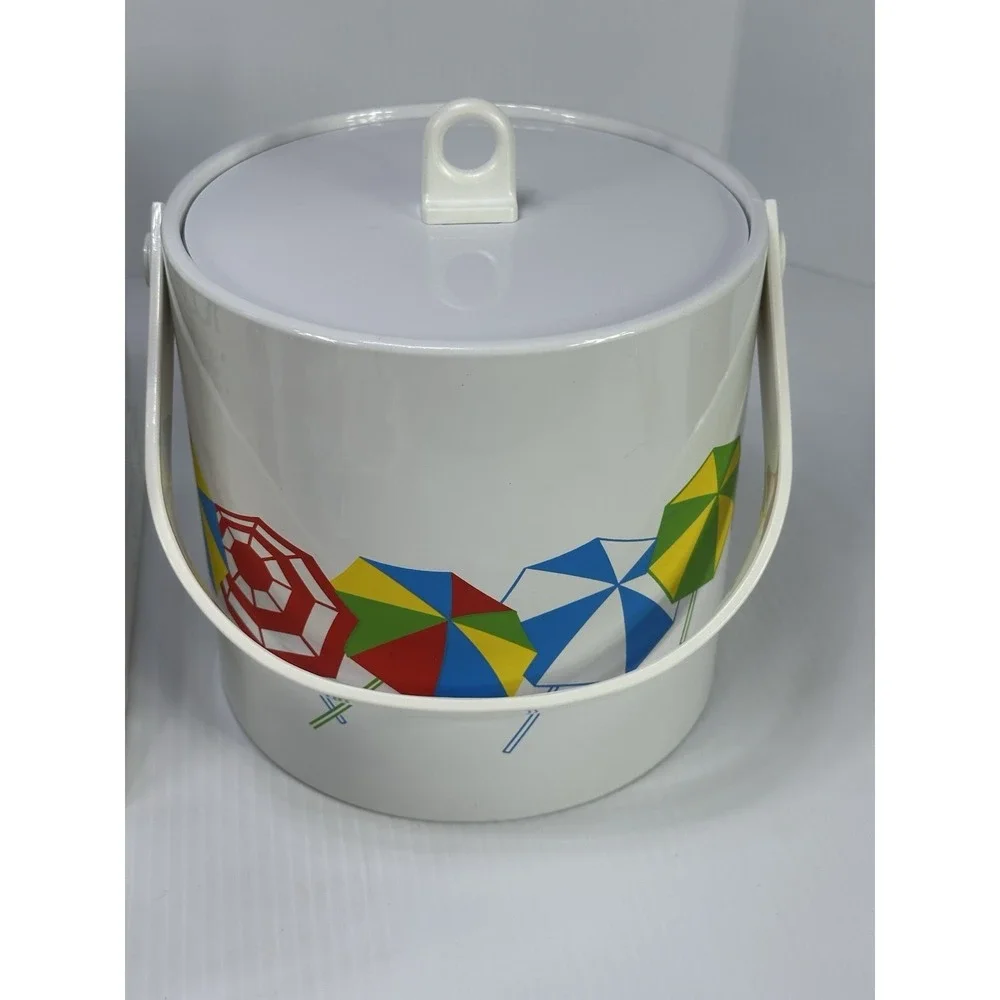 VTG ITEMAKERS 10 Pc Ice Bucket Set‎ 4 Tumblers 4 Coasters Tongs Umbrellas NOS 85